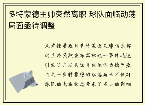 多特蒙德主帅突然离职 球队面临动荡局面亟待调整