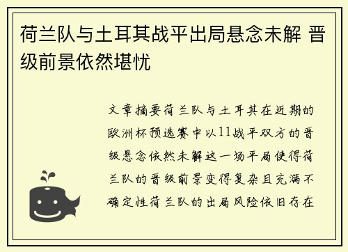 荷兰队与土耳其战平出局悬念未解 晋级前景依然堪忧