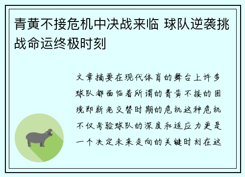 青黄不接危机中决战来临 球队逆袭挑战命运终极时刻