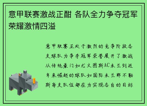 意甲联赛激战正酣 各队全力争夺冠军荣耀激情四溢