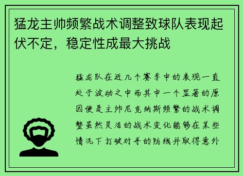 猛龙主帅频繁战术调整致球队表现起伏不定，稳定性成最大挑战