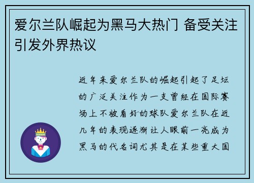爱尔兰队崛起为黑马大热门 备受关注引发外界热议