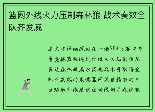 篮网外线火力压制森林狼 战术奏效全队齐发威